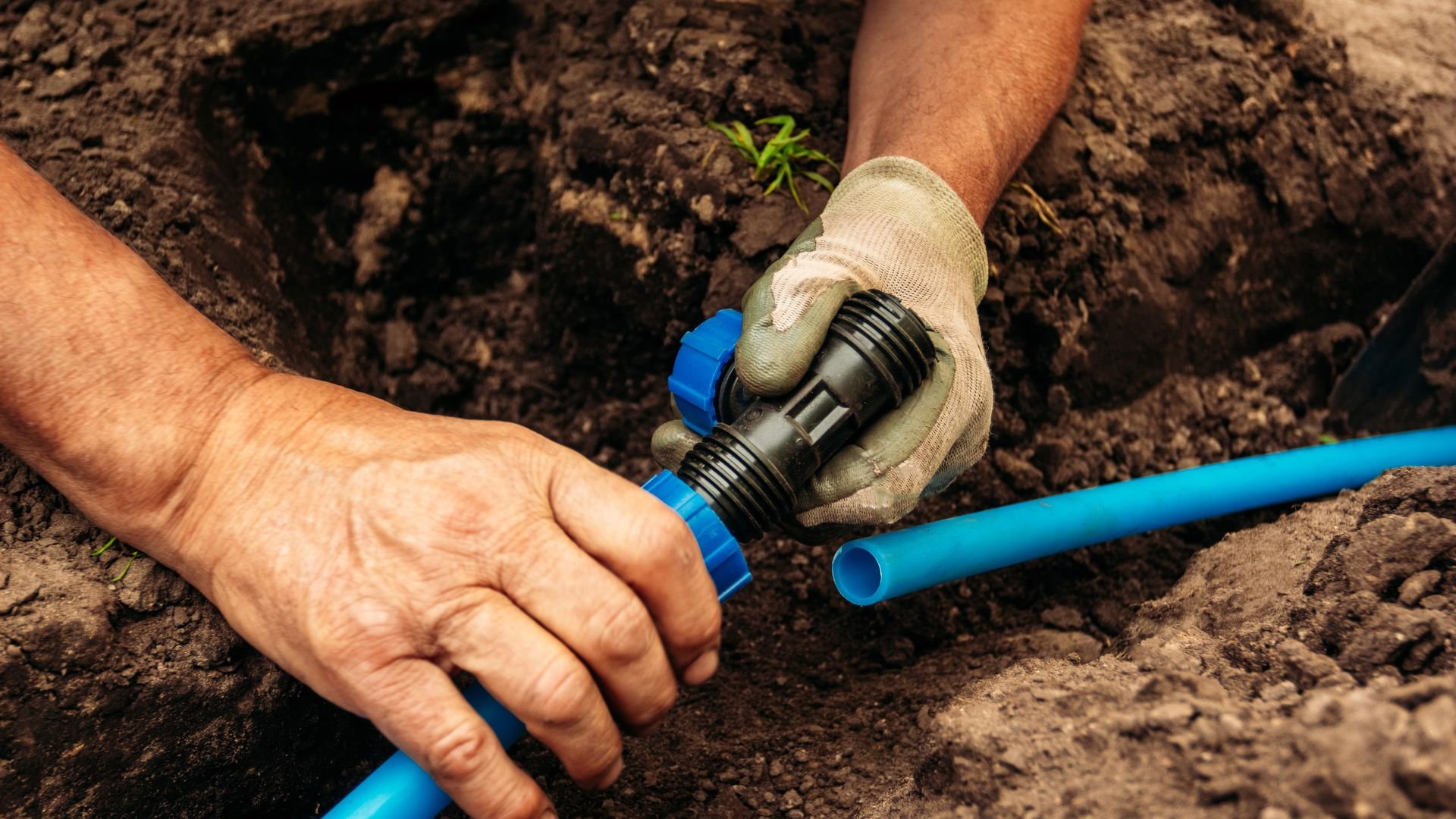 Hands installing blue irrigation pipe in soil with gardening gloves