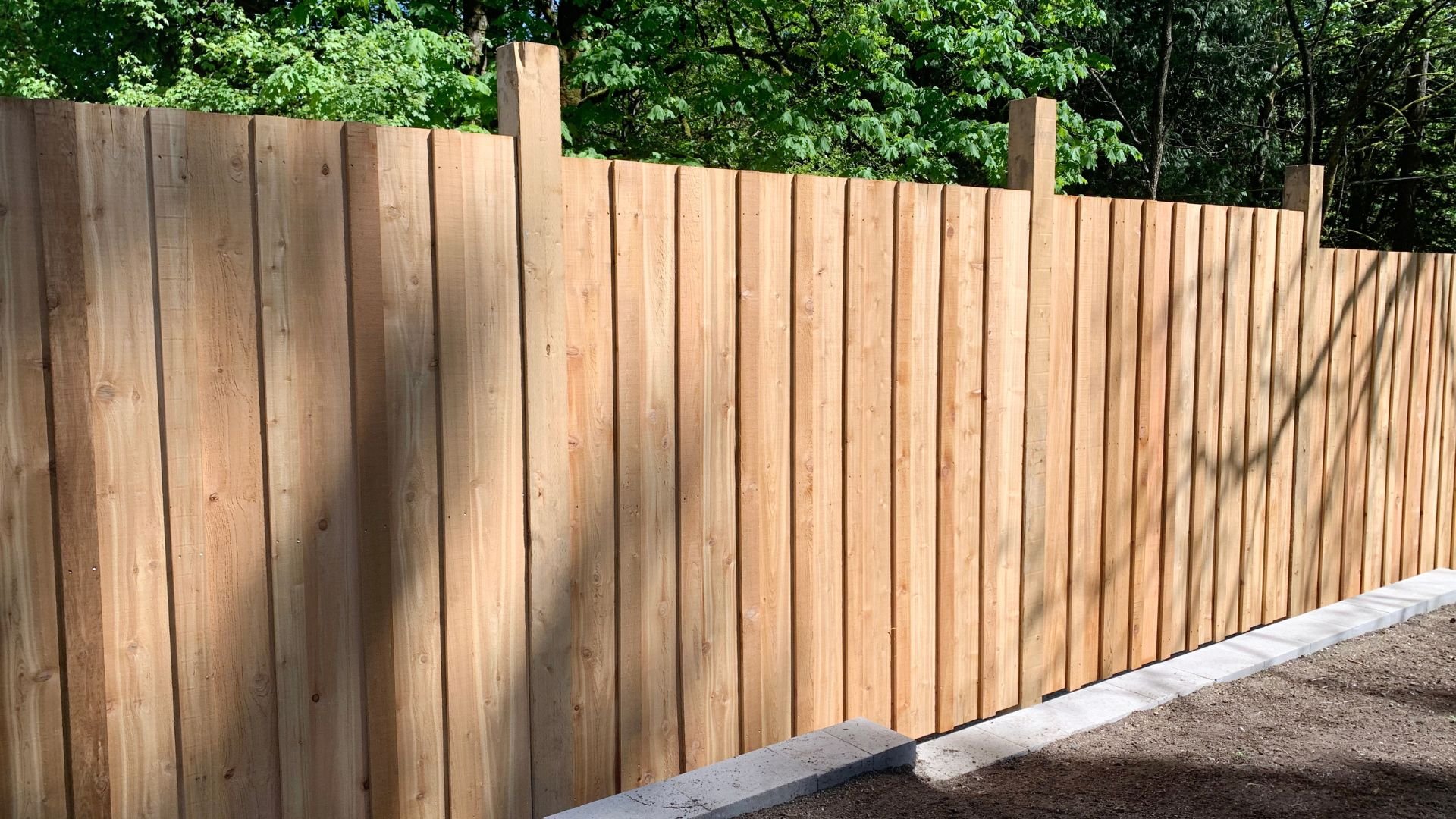 Wooden fence with vertical planks and trees in the background